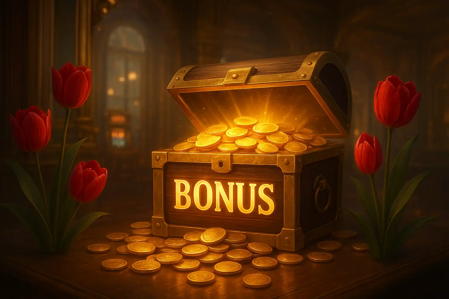 Bonusgeld en gouden munten tussen tulpen bij Reelson Casino