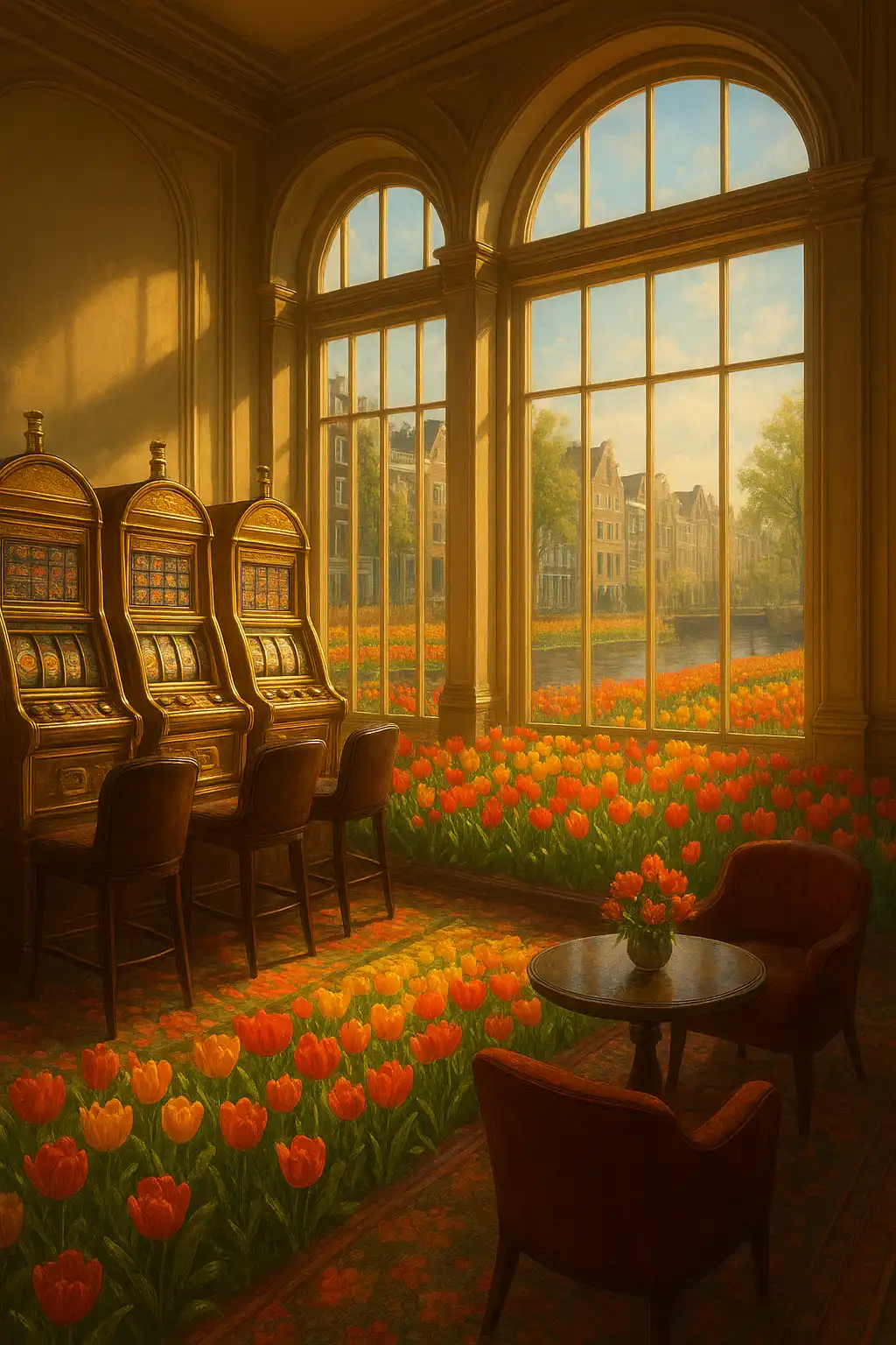 Reelson Casino tulpentuin gokkast illustratie met Nederlandse gracht op de achtergrond