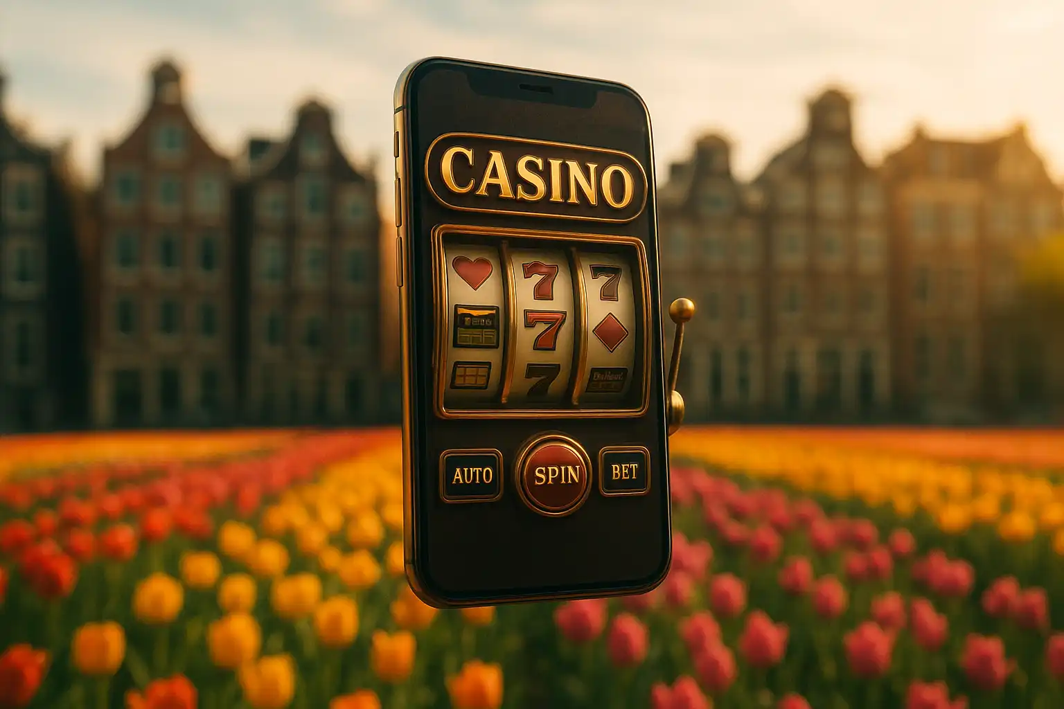 Smartphone met Reelson Casino gokkast interface tussen tulpen